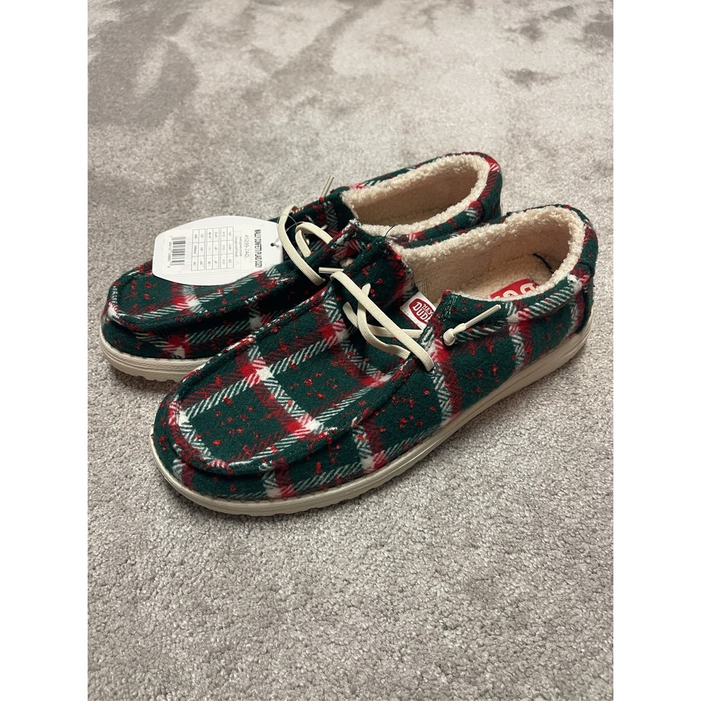 Hey Dude Wally Cozy Plaid Slip On Shoes Red Green Christmas Men's Size 12 NEW